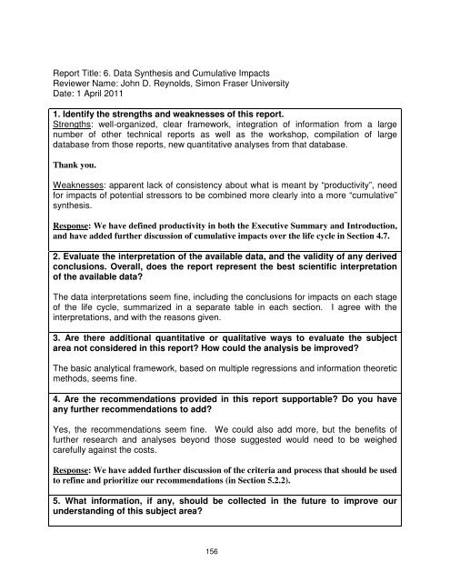 Fraser River sockeye salmon: data synthesis and cumulative impacts