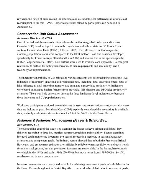 Fraser River sockeye salmon: data synthesis and cumulative impacts