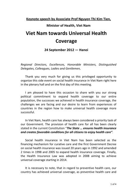 Keynote speech by Associate Prof. Nguyen Thi Kim Tien, Health ...