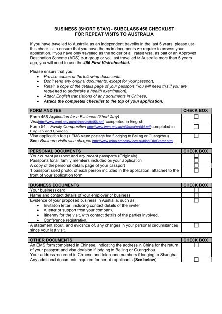 business (short stay) - subclass 456 checklist for repeat visits to ...