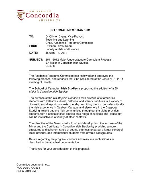 Internal Memorandum To Dr Ollivier Dyens Vice Provost