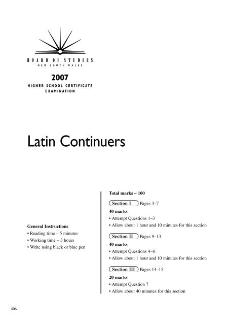 Latin Continuers 2007 HSC Exam Paper - Board of Studies NSW