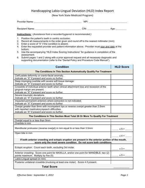 Handicapping Labio-Lingual Deviation (HLD) Index Report - eMedNY