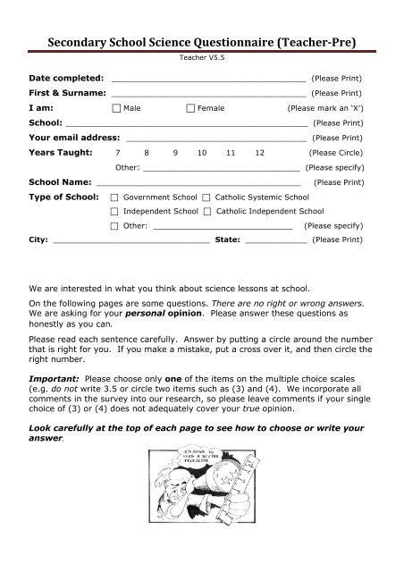 Secondary School Science Questionnaire (Teacher-âPre)