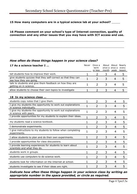 Secondary School Science Questionnaire (Teacher-âPre)