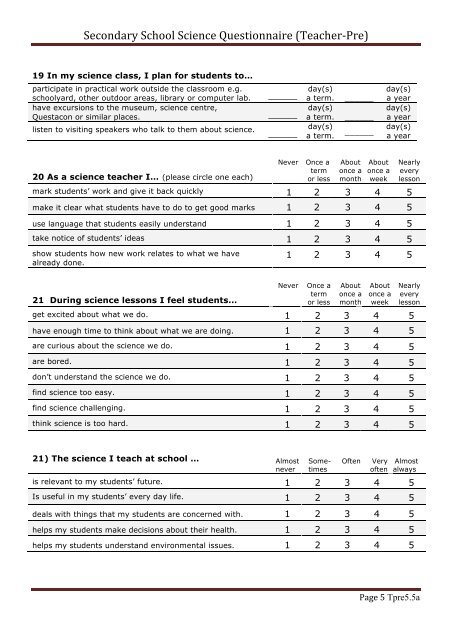 Secondary School Science Questionnaire (Teacher-âPre)