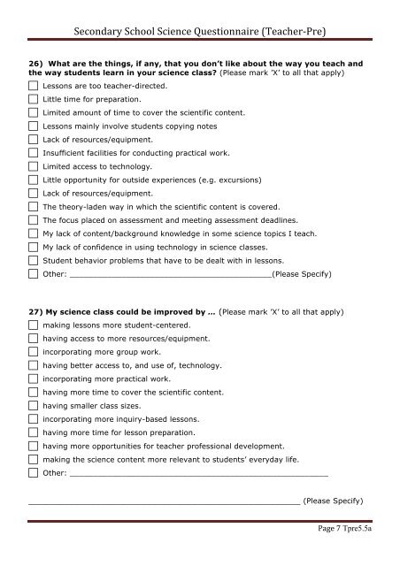 Secondary School Science Questionnaire (Teacher-âPre)