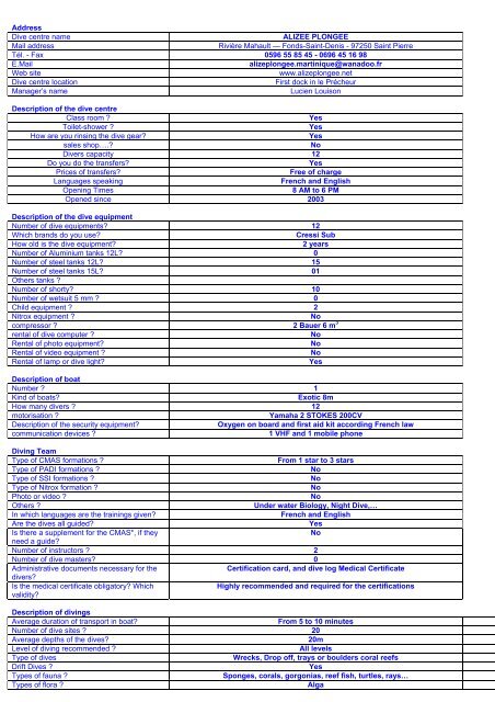 Description of the dive centre - Martinique