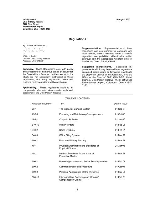 Table of Contents - Regulations - Ohio Military Reserve