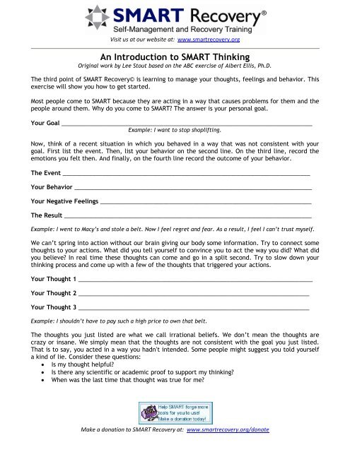 An Introduction to SMART Thinking - SMART Recovery An Introduction to SMART Thinking - SMART Recovery