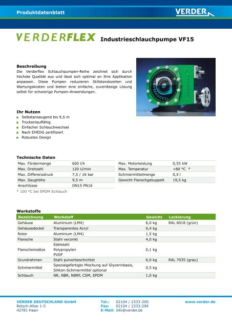 Produktdatenblatt Verderflex VF15 - Verder Deutschland GmbH