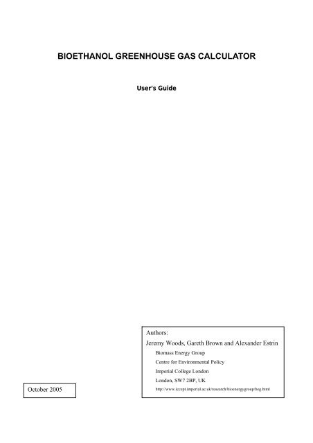 BIOETHANOL GREENHOUSE GAS CALCULATOR - HGCA