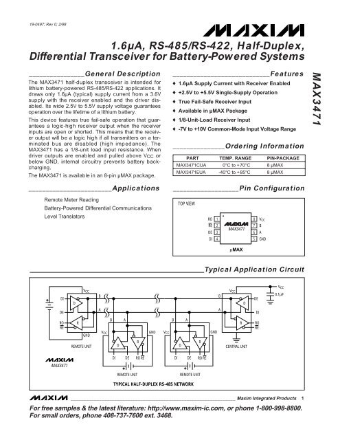 MAX3471 1.6µA, RS-485/RS-422, Half-Duplex, Differential ... - Maxim