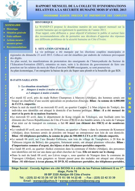 RAPPORT DE L'OBSERVATION DU MOIS DE OCTOBRE 2008