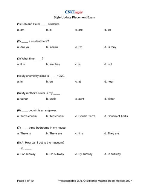 Style Update Placement Exam Page 1 of 10 Photocopiable D.R. ...