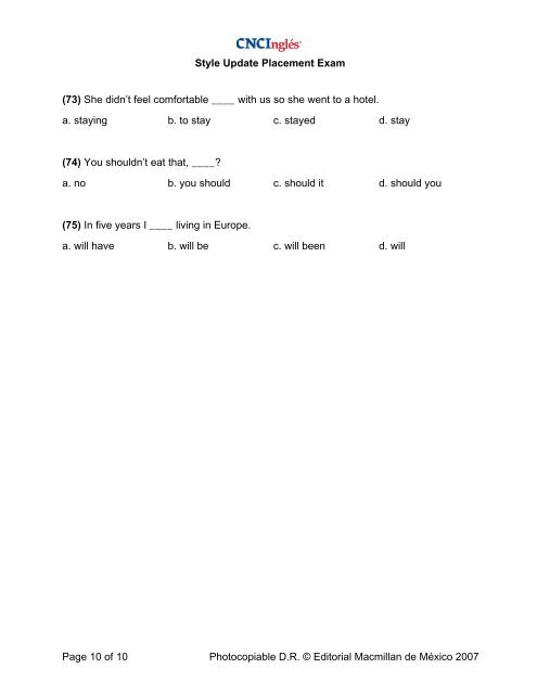 Style Update Placement Exam Page 1 of 10 Photocopiable D.R. ...