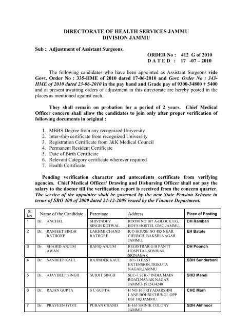 DIRECTORATE OF HEALTH SERVICES JAMMU - Department of ...