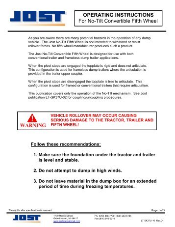 OPERATING INSTRUCTIONS For No-Tilt Convertible Fifth Wheel ...