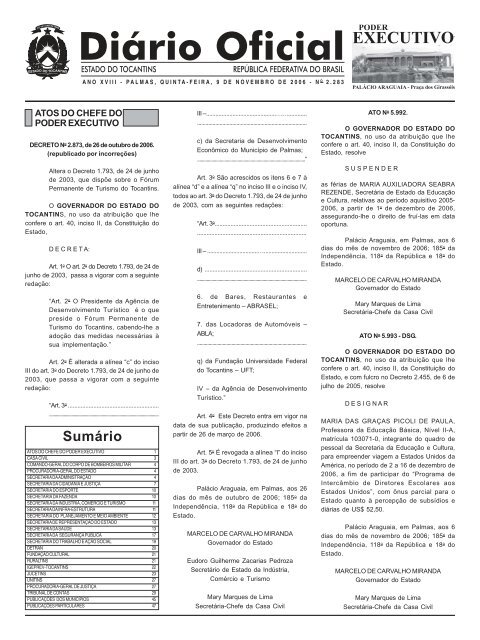 SumÃ¡rio - DiÃ¡rio Oficial - Governo do Estado do Tocantins