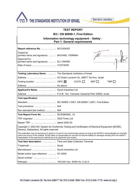 TEST REPORT IEC / EN 60950-1, First Edition Information ... - Synel