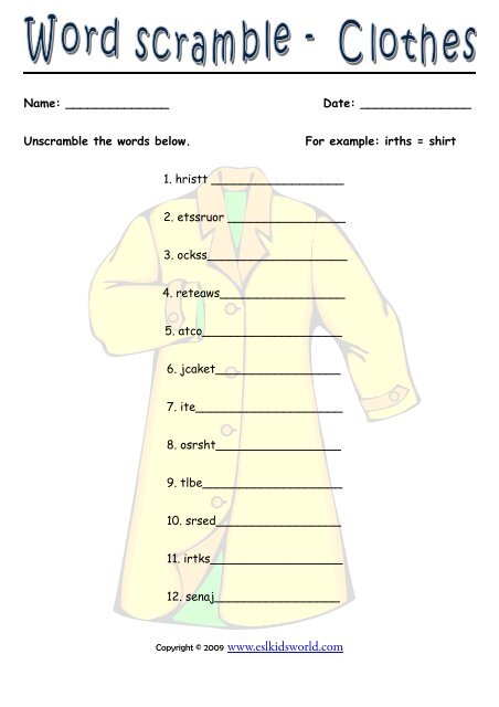 Word Scramble Clothes Worksheet Esl Kids World Word Scramble Clothes Worksheet Esl Kids World