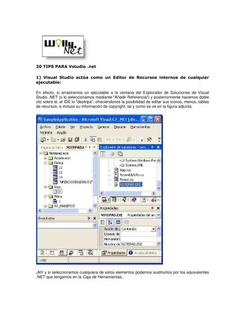 20 TIPS PARA Vstudio .net 1) Visual Studio actÃƒÂºa como ... - Willy .Net