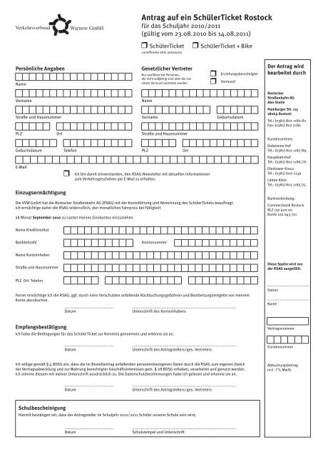 Antrag auf ein SchülerTicket Rostock - Verkehrsverbund Warnow