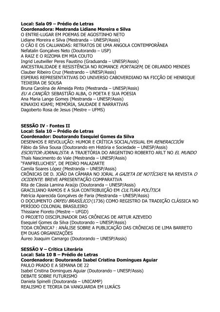 ProgramaÃ§Ã£o dos SEMINÃRIOS DE PESQUISA e ... - UNESP-Assis