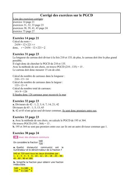 Corrigé des exercices sur le PGCD