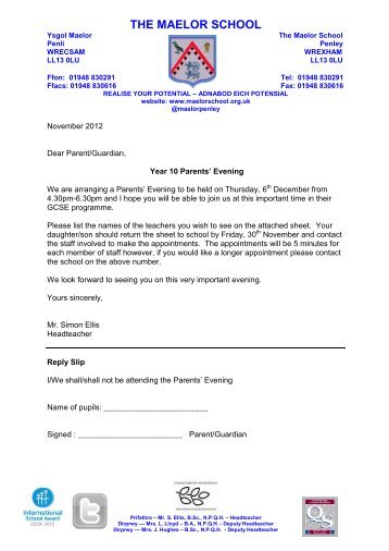 Year 10 Parents Evening letter - The Maelor School