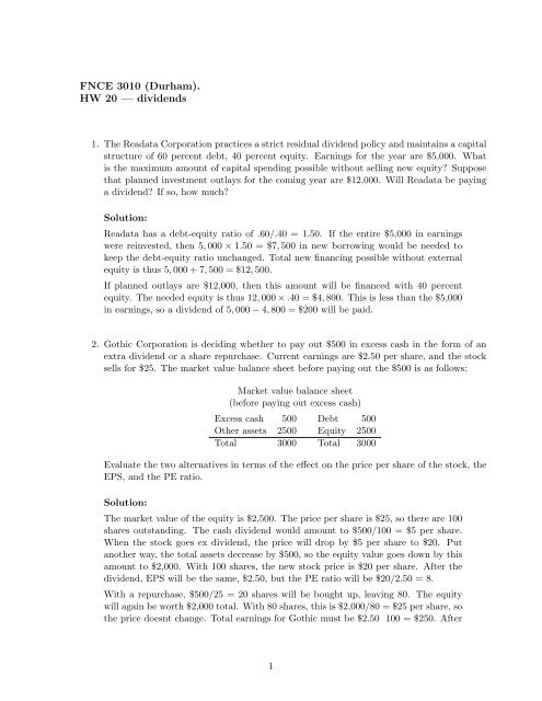 FNCE 3010 (Durham). HW 20 Ã¢Â€Â” dividends