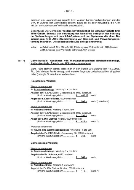 46. GR-Protokoll vom 17.04.2008 - Gemeinde Volders - Land Tirol