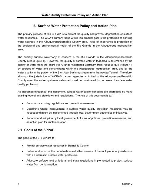 Water Quality Protection Policy and Action Plan - Bernalillo County