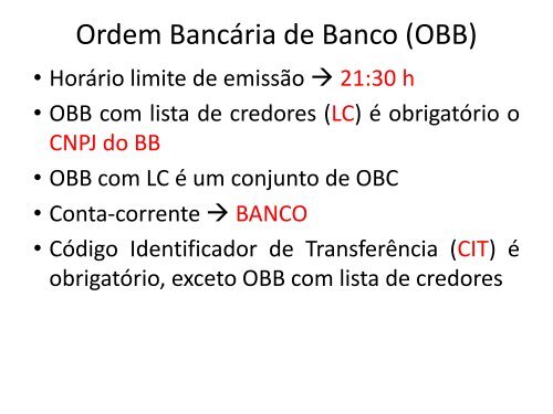 Modalidades de Pagamento Ordens Bancárias (OB) - 11 Icfex