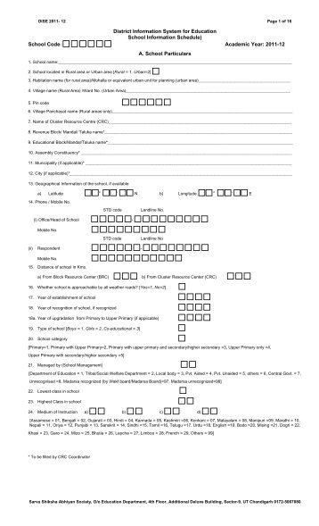 Academic Year: 2011-12 A. School Particulars - SSA