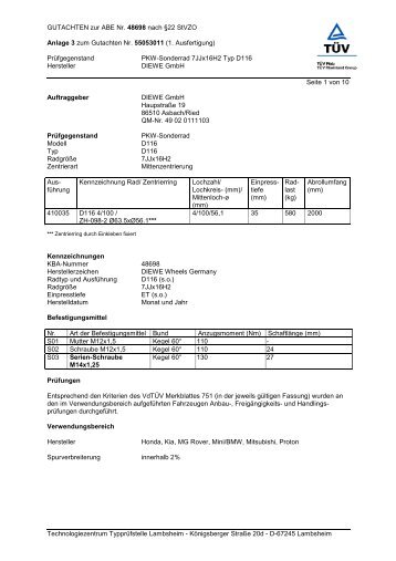 GUTACHTEN zur ABE Nr.  48698 nach §22 StVZO Anlage 3 zum ...