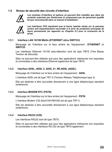 ONE100 Manuel d'installation - OneAccess extranet