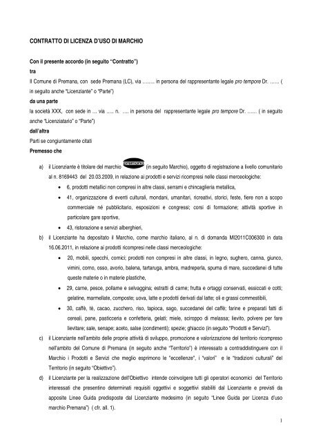 CONTRATTO DI LICENZA D'USO DI MARCHIO - Comune di Premana