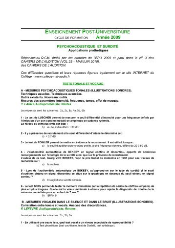 RÃ©ponses au Q.C.M. EPU 2009 - CollÃ¨ge National d'AudioprothÃ¨se