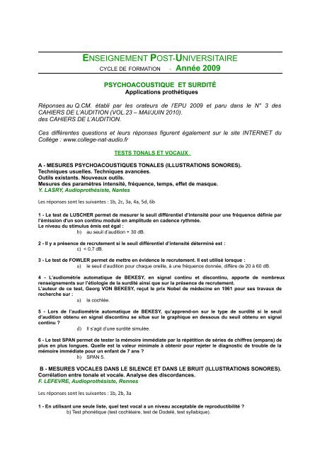 RÃ©ponses au Q.C.M. EPU 2009 - CollÃ¨ge National d'AudioprothÃ¨se