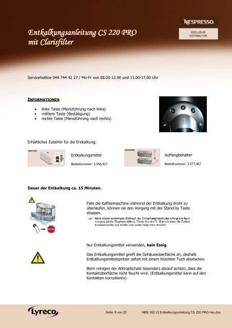 NBS 362 V2 Entkalkungsanleitung CS 220 PRO neu - lyreco