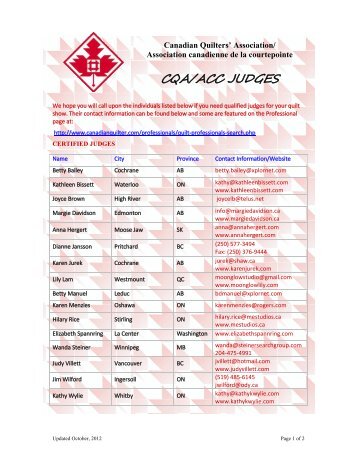 List of CQA / ACC Judges - Canadian Quilters