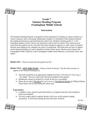 Grade 7 Summer Reading Program Framingham Middle Schools