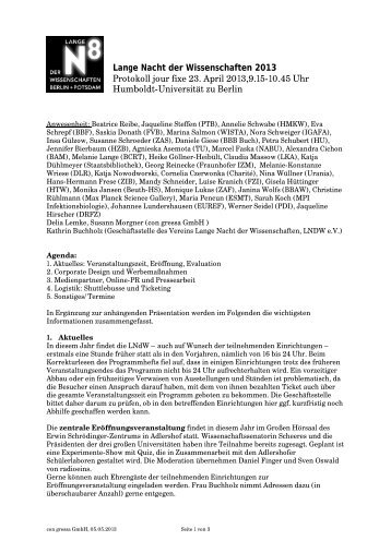 Lange Nacht der Wissenschaften 2013 Protokoll jour fixe 23. April ...