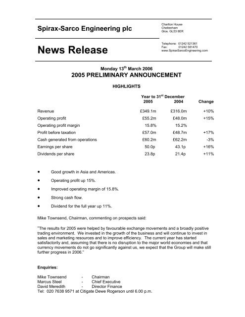 2005 Preliminary Results - Spirax-Sarco Engineering plc