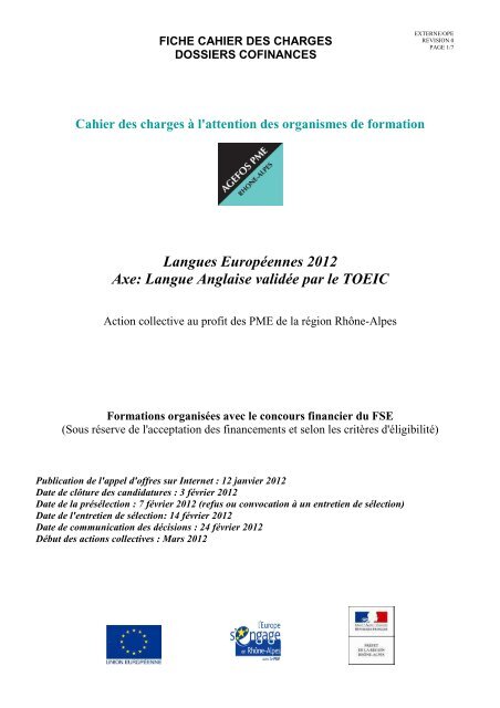 Cahier Des Charges 2012 Anglais Votre Branche D Activita C Ou