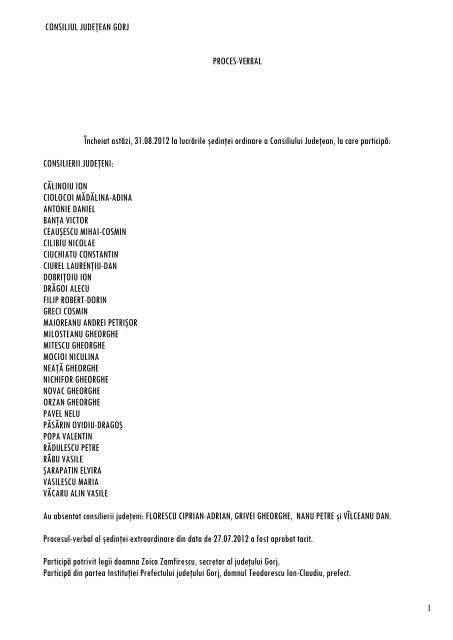 Proces verbal de ședință Hotărâri adoptate - Consiliul Judeţean Gorj