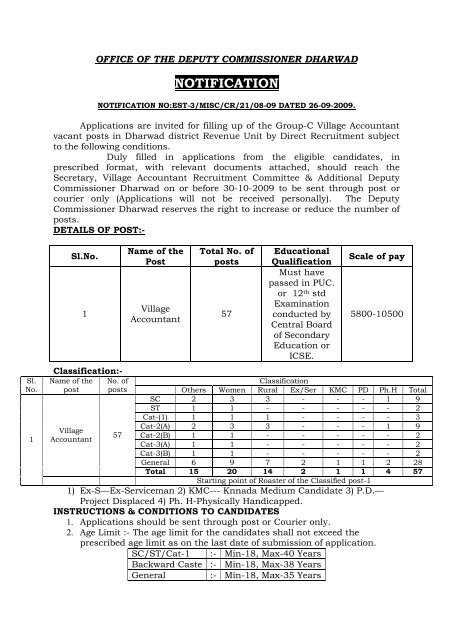 village accountant recruitment notification in english - Dharwad