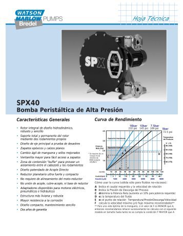 SPX40 Bomba Peristáltica de Alta Presión Especificaciones Técnicas