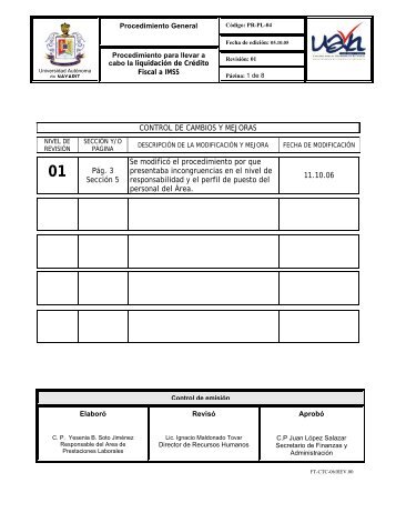 CONTROL DE CAMBIOS Y MEJORAS 01 PÃ¡g. 3 SecciÃ³n 5 Se ...
